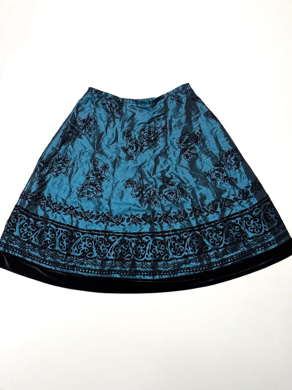 Coldwater Creek Women's Large Teal Flocked Velvet Floral A-Line Skirt Iridescent
